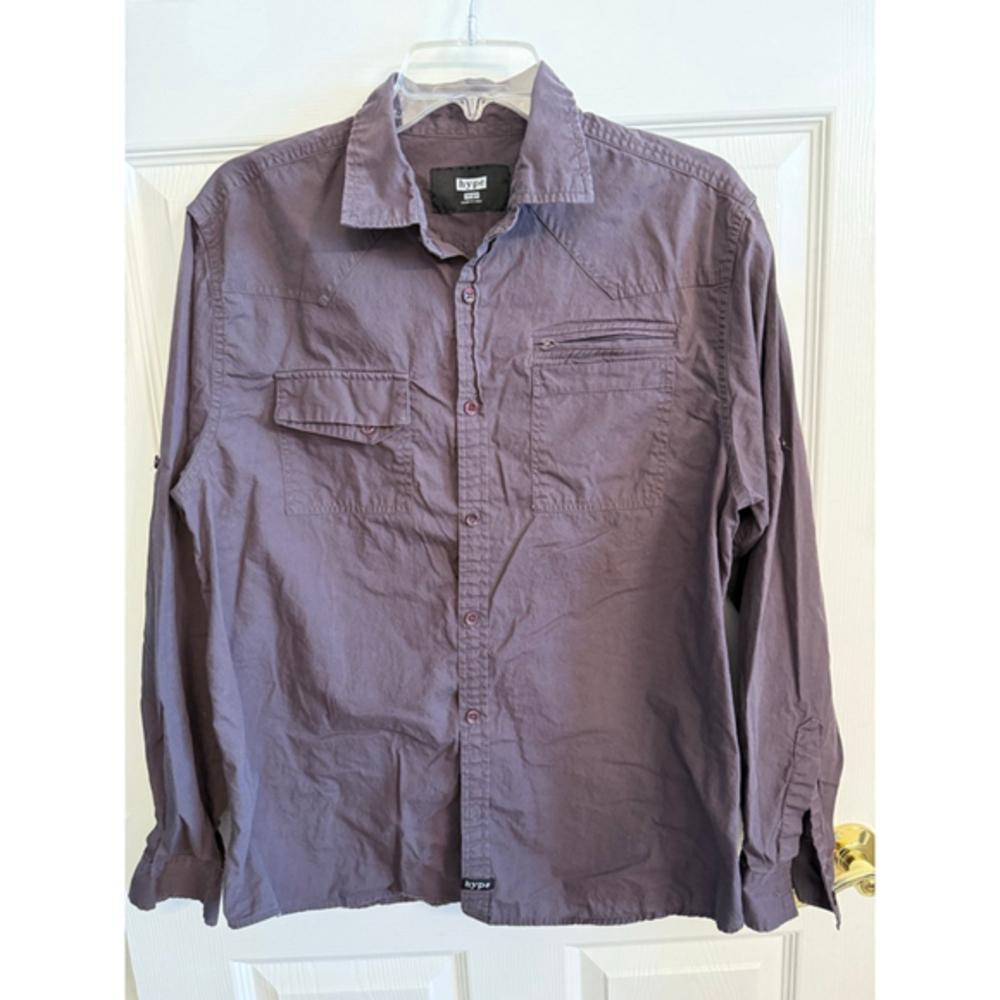 Hype men's casual long-sleeve button roll up sleeve purple/taupe color Size L